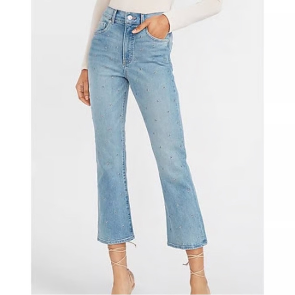 Express Jeans Women 2 High Rise Crop Flare Denim Embellished Rhinestone Bling